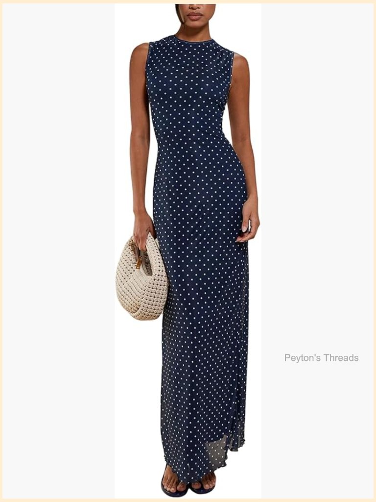 Polka Dots Mesh Maxi Tank Dress Sleeveless Bodycon Long Dress